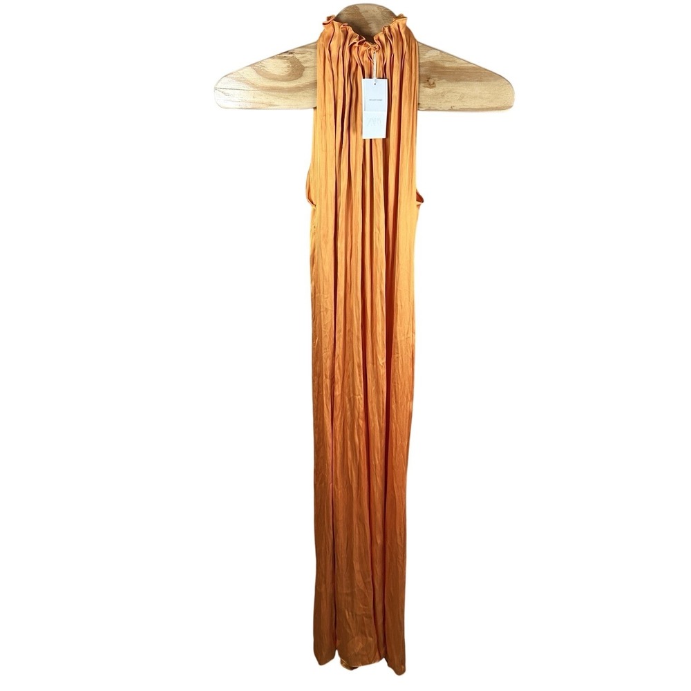 NEW ZARA ZW COLLECTION Satin Jumpsuit Large Orange Wide Leg Halter 2090/098/615